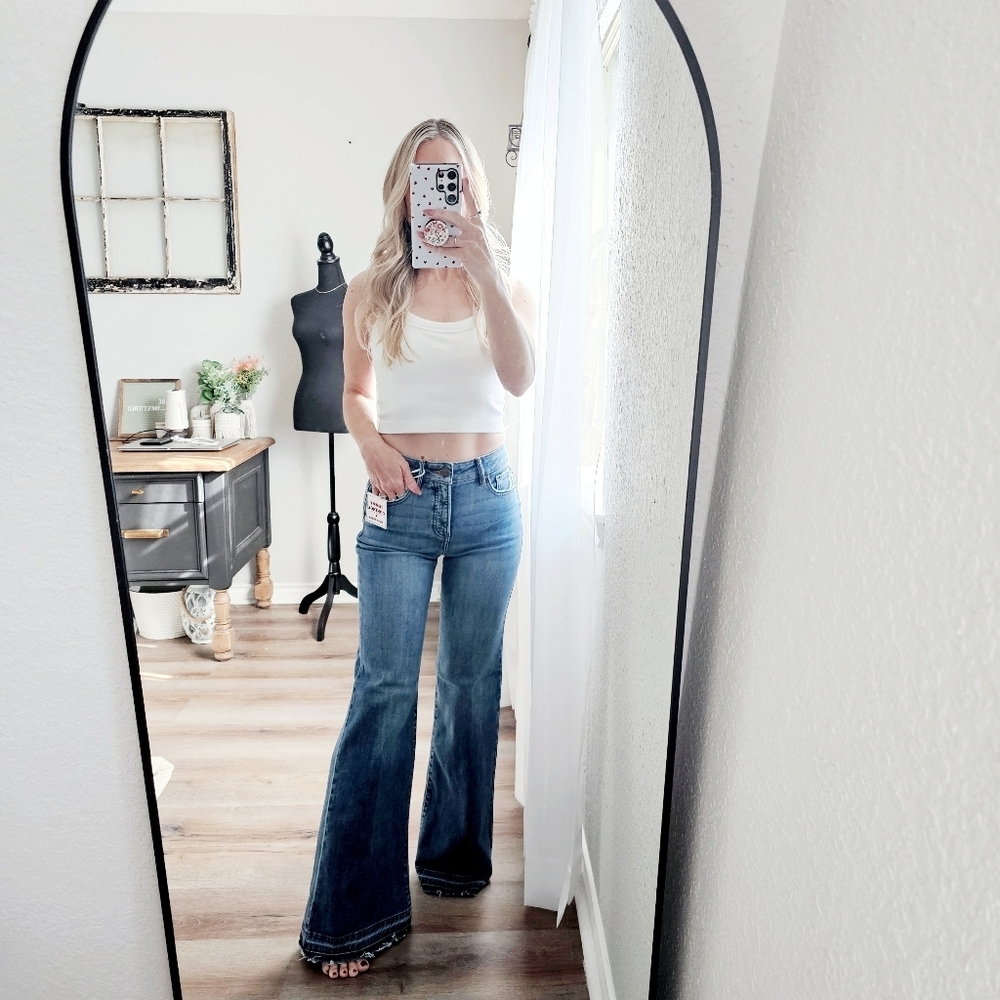 RISEN HR Tummy Control Medium Wash Wide Leg Jeans Released Hem Various NEW - Picture 3 of 12